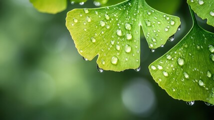 Fresh Ginkgo Leaves with Dew Drops in a Lush Green Background