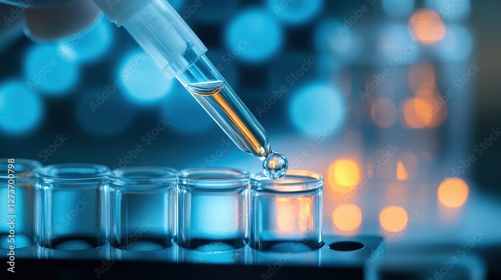 Poster close-up of dropper releasing liquid into test tube with bokeh lights