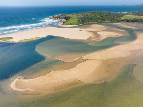 Aerial view of sand bars and islands in a freshwater lake