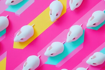 Cute White Mice on Colorful Geometric Background in Bright Colors