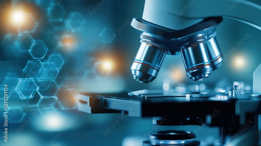 Poster Close-Up of a Microscope with Molecular Structure Background