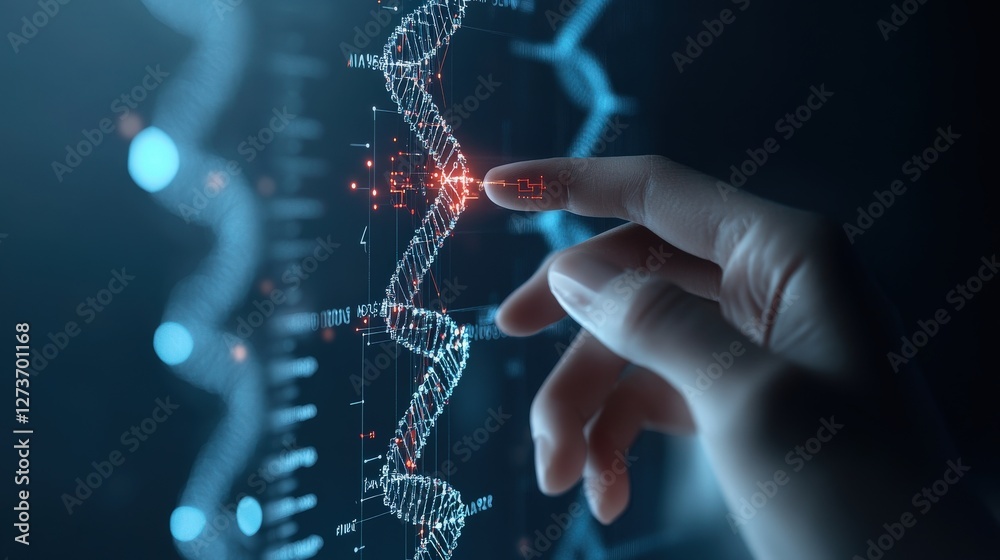 Poster Futuristic Hand Exploring DNA Structure with Digital Interface
