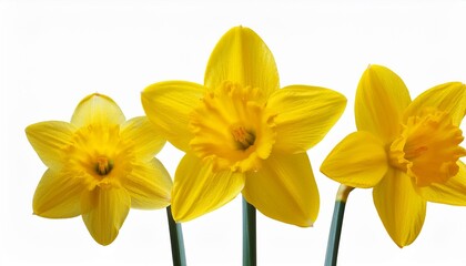 Fototapeta premium ithree spring flowers of bright yellow daffodils solated on white background isolated on transparent format available