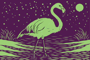  Neon green flamingo, vibrant tropical bird, glowing feathers, sunset reflection, rippling water, falling snow, winter scene, magical atmosphere, surreal colors, cinematic lighting, high contrast, d