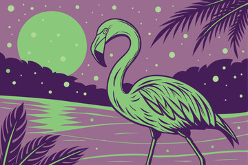  Neon green flamingo, vibrant tropical bird, glowing feathers, sunset reflection, rippling water, falling snow, winter scene, magical atmosphere, surreal colors, cinematic lighting, high contrast, d