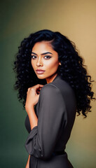 Fototapeta premium Stunning woman with voluminous curly black hair and golden hoop earrings posing on a green background.