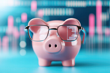Smart money management pink piggy bank with modern eyeglasses in a digital finance environment
