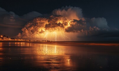 Spectacular Lightning Flash Over a Stormy Horizon at Night, Dramatic Electrical Energy in Dark Sky, Intense Thunderstorm Scene for Weather and Natural
