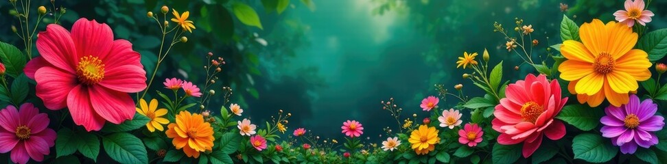 Colorful flowers and leaves in a lush garden environment, colors, florals