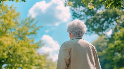 Elderly Person Walking in Nature Under Clear Blue Sky with Trees