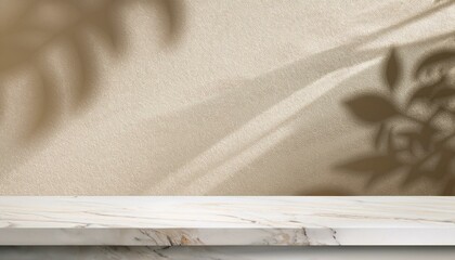 empty marble neutral taupe tabletop and white textured wall background with soft abstract natural sun light shadows product podium template