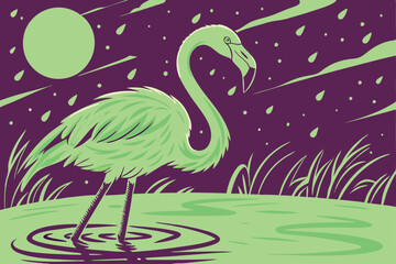  Neon green flamingo, vibrant tropical bird, glowing feathers, sunset reflection, rippling water, falling snow, winter scene, magical atmosphere, surreal colors, cinematic lighting, high contrast, d