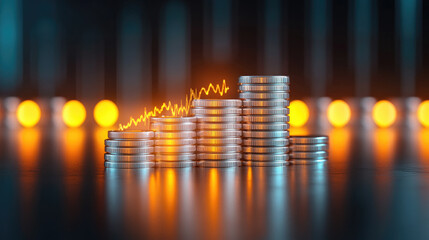 Financial growth investments stacked coins with glowing bar graphs illustrating wealth accumulation trends in a global market environment