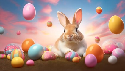 In a colorful fantasy world, a cheerful bunny hops between vibrant flowers and pastel eggs under a bright sky. The enchanting scene is filled with joy and the spirit of Easter celebration.