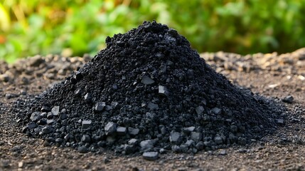 Fototapeta premium Pile of Black Coal on Ground with Blurry Green Background