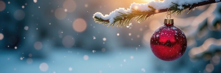 Frosty morning scene with snowflakes and red glitter ornament hanging from a branch, tree branch, festive bokeh