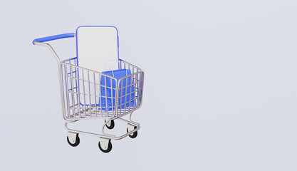Shopping cart with smartphone and shopping bag, online shopping delivery business e-commerce store