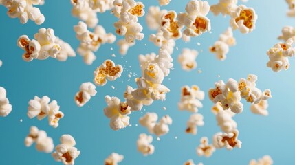 Delicious Popcorn Falling Against a Bright Blue Background, Ideal for Cinematic or Snack Concepts