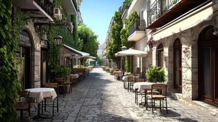 Fototapeta premium Sunny Stone Street with Outdoor Cafes