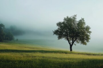 Solitary tree in a misty field.