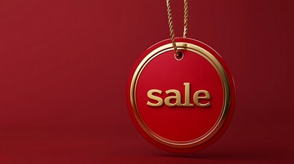 Red round sale tag with gold lettering and chain.
