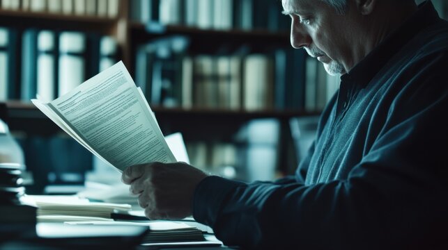 A detective reviewing a suspect’s criminal record in an office. Featuring research and investigation