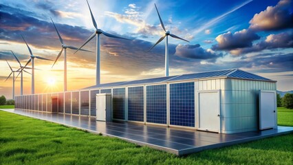 Sustainable Energy Facility  Modern Solar and Wind Power Integration in a Pastoral Setting