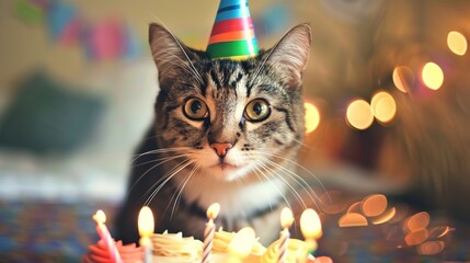 Adorable Pet Birthday Celebration - Cute Dog & Cat Party with Balloons, Cake, and Festive Decorations for Joyful Animal Lovers, Social Media, or Greeting Cards
