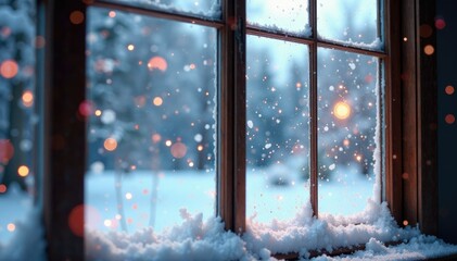 Naklejka premium Confetti-filled snowy windowpane with colored sparks, festive windows, snowy backdrop, snowy landscape
