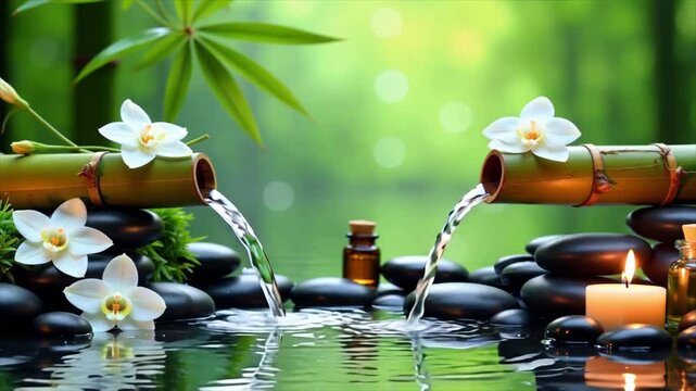 Natural Bamboo Fountain Complemented by Stunning Flower Blooms