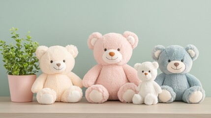 Cute and Soft Plush Bears in Pastel Colors with Decorative Potted Plant on Light Wooden Surface