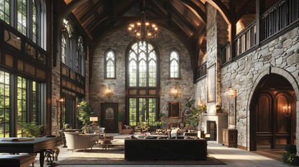Fototapeta premium style home blending castle-like stone walls with contemporary design