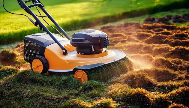 dethatching the lawn with an electric dethatcher