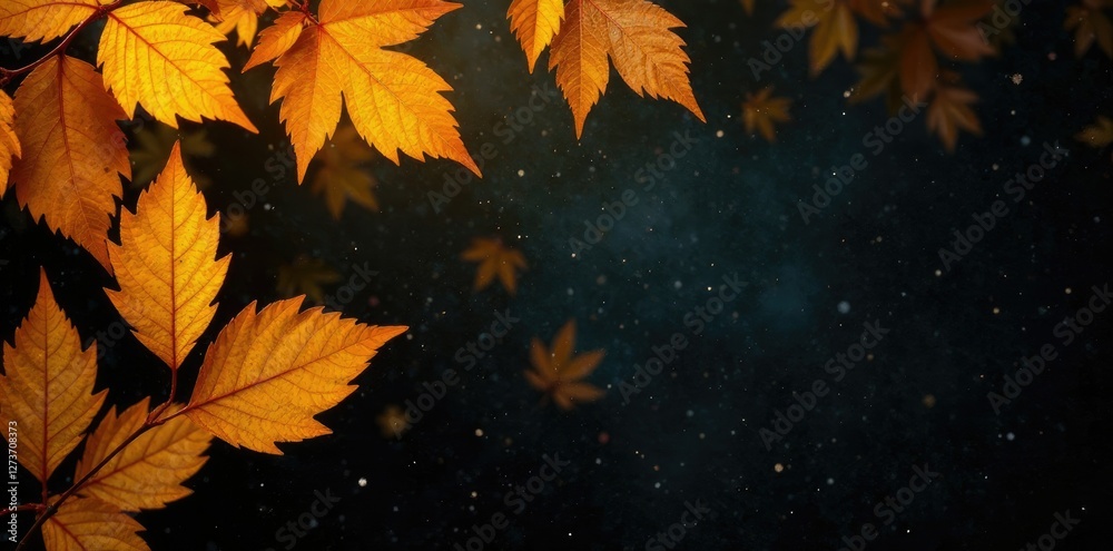 Wall mural encaustic leaves on a dark background with light glow, yellow, natural, dark