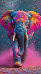 Obraz premium Elephant covered in vibrant Holi colors walking through cloud of pink powder with colorful splashes flying in air.