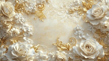 Elegant white roses gold floral wall art, cream background, wedding invitation design