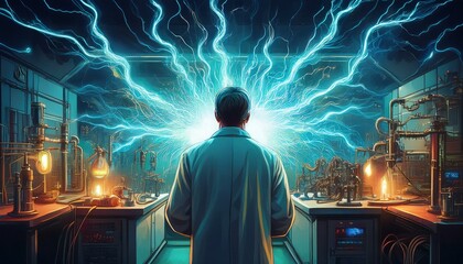 rear view of an inventor electrical researcher nikola tesla in a laboratory with a stream of electrical discharges escaping from control ai generated