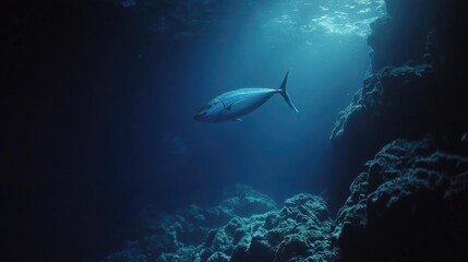 Fototapeta premium Tuna Fish Underwater, Dark Blue Ocean, Sunbeam, Reef