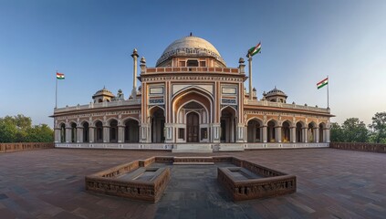 Indian traditional architecture of flying Indian flag in front off Plating on House, massive government building exterior with large dome and columns at R terrace