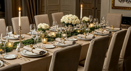 Fototapeta premium Elegant Easter dinner table with candlelight and festive decorations isolated on a transparent background