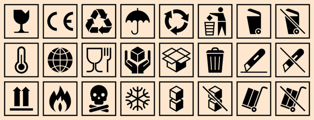 Cardboard packaging icon set. Package sign labels. Common packaging, warning symbol set.