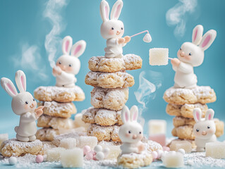 Miniature pastry chefs baking adorable bunny-shaped cookies