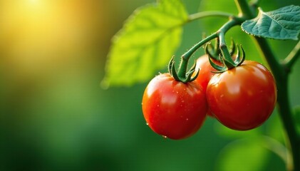 Three tomatoes hang from a branch in the morning dew, plant, tomato