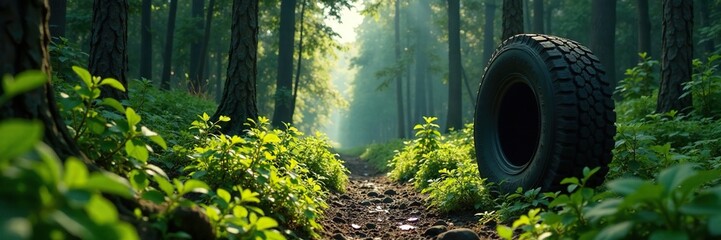 Obraz premium Tire in the midst of a desolate forest with overgrown vegetation, overgrowth, solitude, wilderness