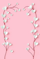 Two Heart Shaped Leaf Branches on Pink Background