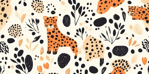 Leopard print pattern, a seamless repeating pattern, in a flat design, flat illustration, in beige and black.