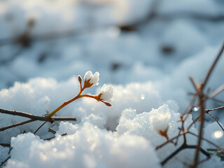 Picturesque view of blooming pink flowers peeking through snow with majestic mountains and sunrise backdrop
