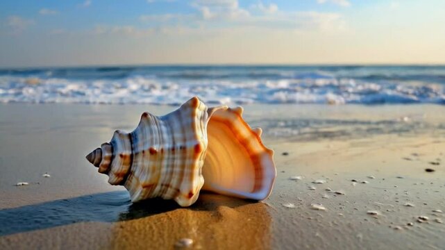Seashell on the beach at sunrise, coastal scene, ocean waves, summer vibe, tranquility.