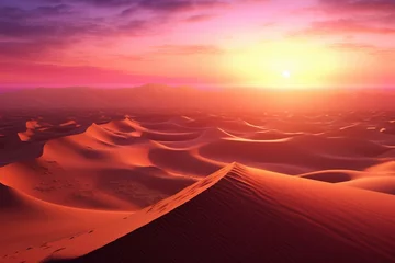 Selbstklebende Fototapeten Sunrise Over Desert Dunes Serene landscape with warm sunlight, mountains afar. Tourism, background usage © LeNo