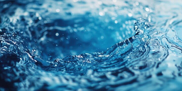 Glossy deep blue waters ripple and splash in an ethereal close-up, transitioning from darker depths to a luminous surface, exuding tranquility and dynamism